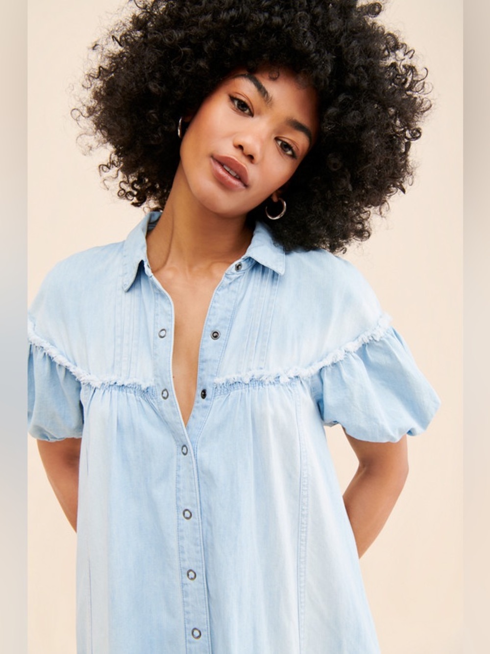 Free People Light Blue Puff-Sleeve Button-Front Midi Dress - Picture 4 of 6